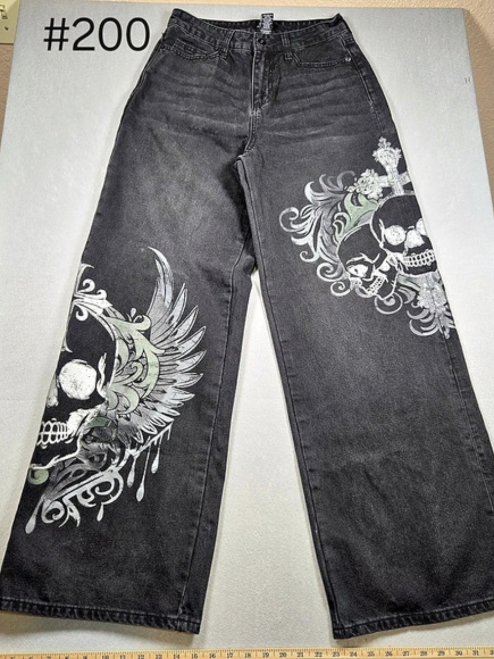 Social Collision Black Winged Skull Wide Leg Jeans Graphic Wide Leg Jeans Black